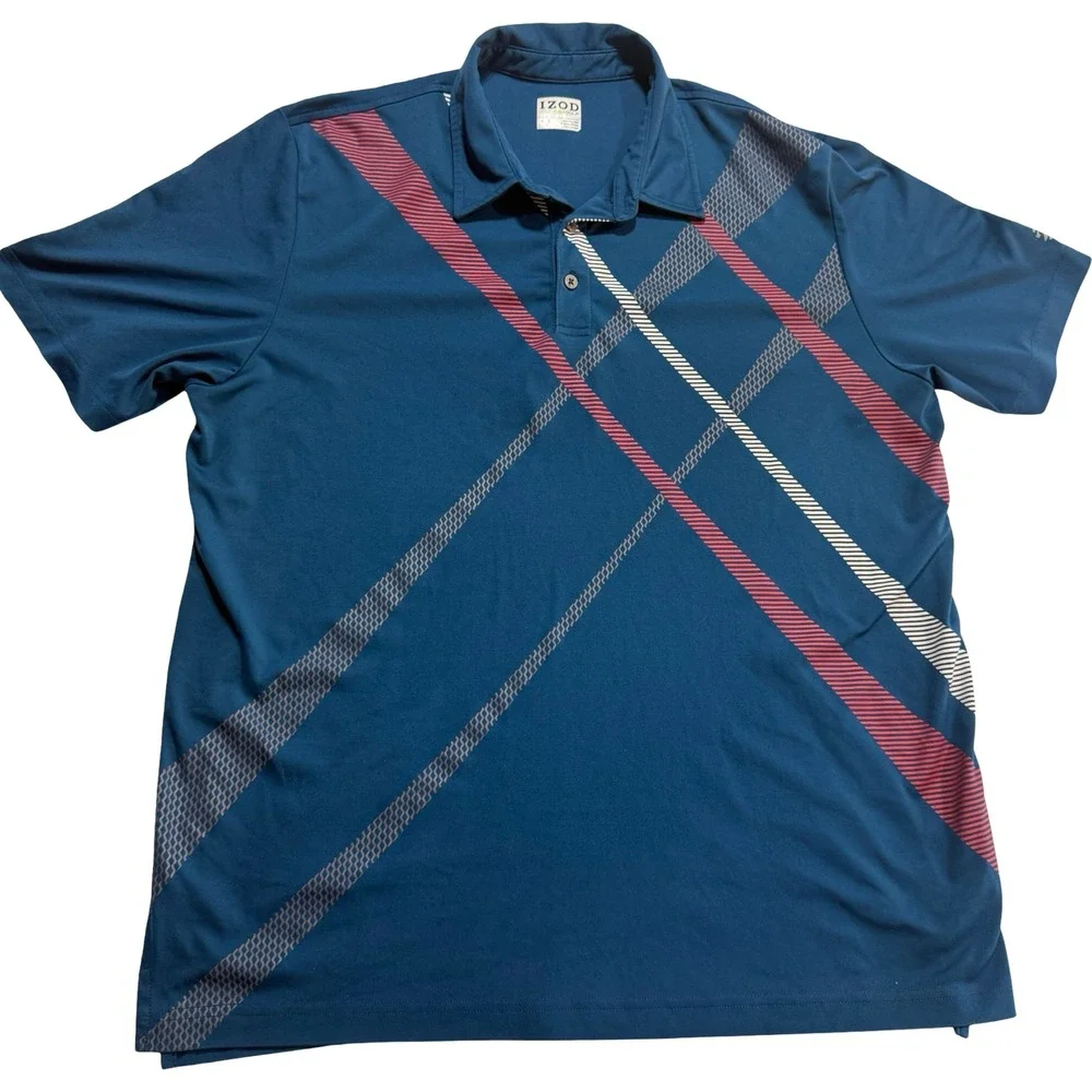 IZOD Golf Polo Shirt Mens XL Blue Short Sleeve Diagonal Stripe Performance - Picture 2 of 8